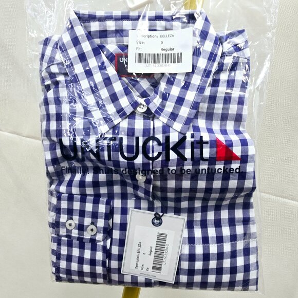 NWT UNTUCKit BELLEZA 100% COTTON GINGHAM NAVY BLUE/WHITE BUTTON FRONT SHIRT - Picture 8 of 10